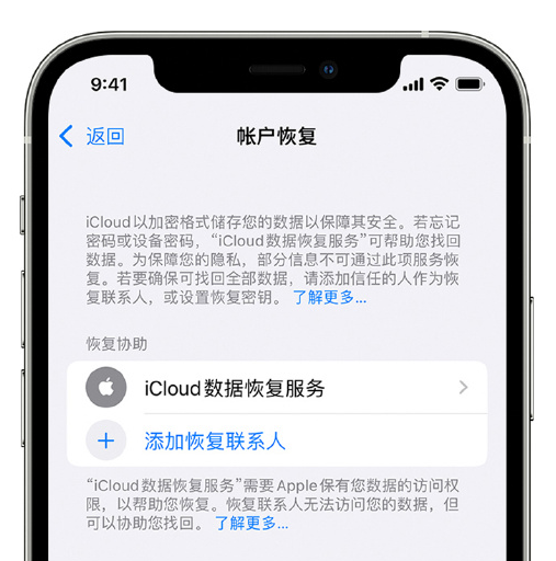 任县苹果手机维修分享在 iPhone 上设置帐户恢复联系人的方法 