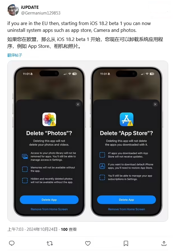 任县苹果手机维修分享iOS 18.2 支持删除 App Store 应用商店 