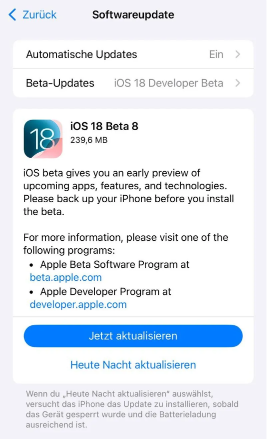 任县苹果手机维修分享苹果 iOS / iPadOS 18 开发者预览版 Beta 8 发布 
